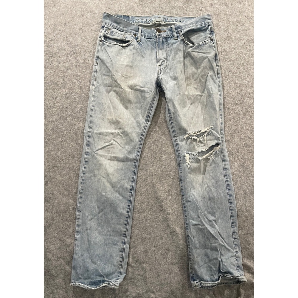 American Eagle Mens Original Straight Jeans 32x32 Light Wash Distressed Cotton
